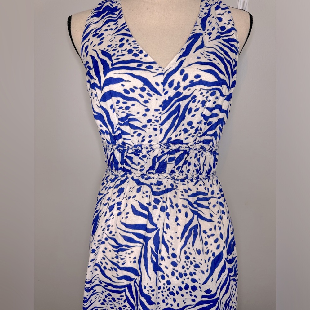 Sincerely Jules Womens Linen Blend Tropical Printed Maxi Dress Blue White Size M